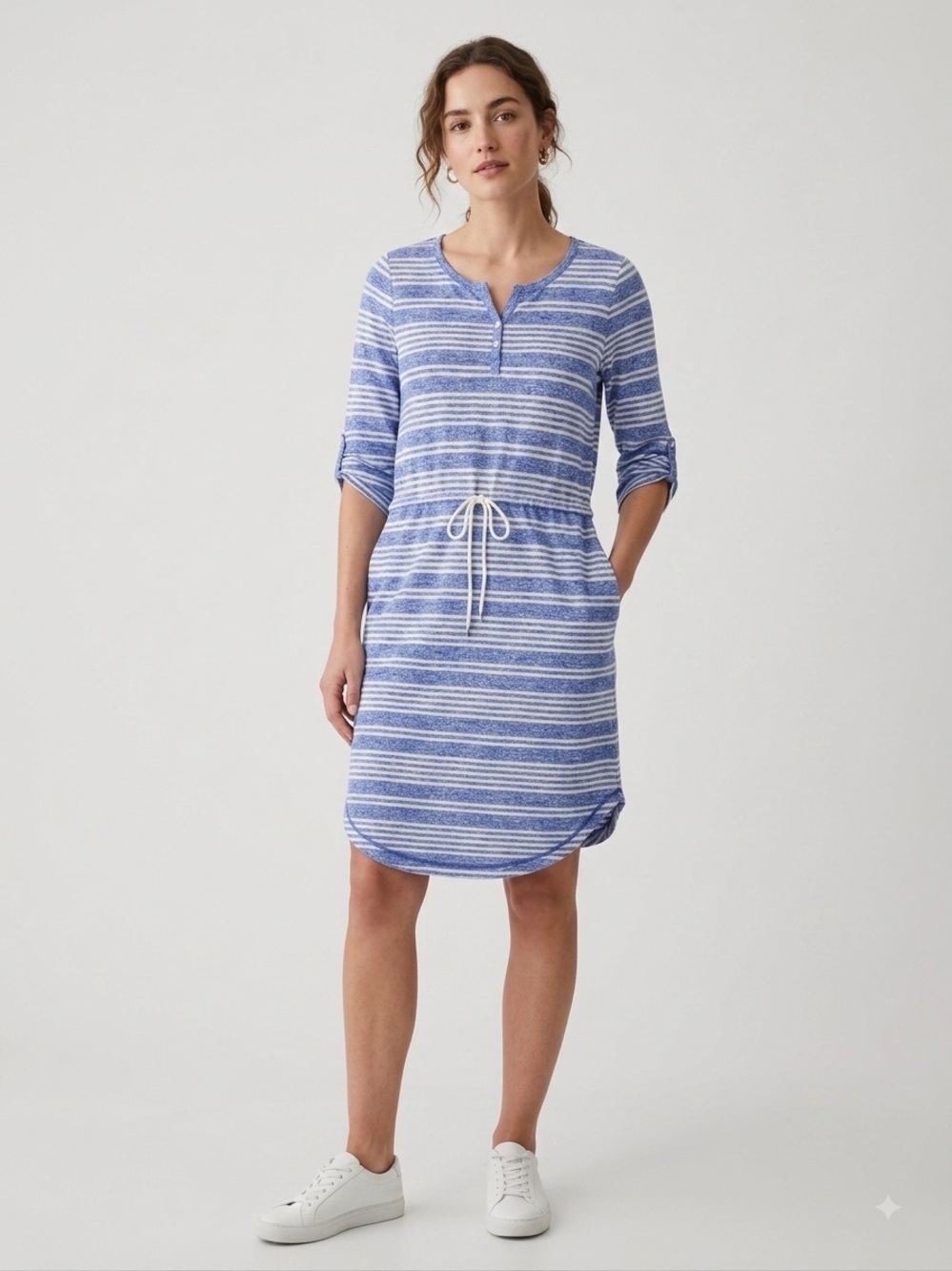 T by Talbots Blue & White Striped Henley Midi Dress - Picture 1 of 6